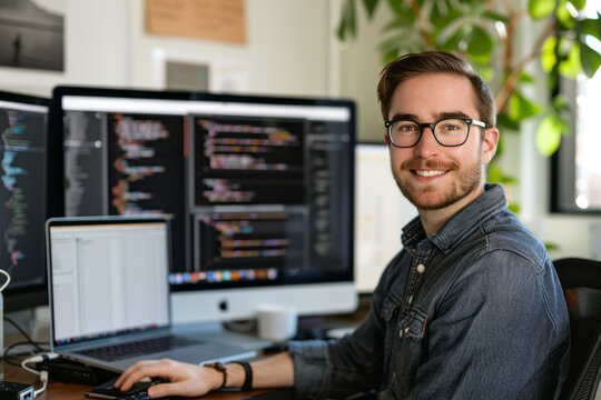 Portrait of a successful coder working in a modern office