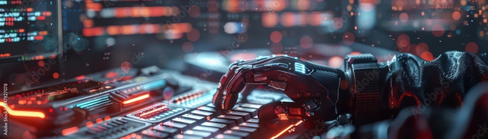 Poster a robotic hand types on a futuristic keyboard in a high-tech control room, illuminated by red and bl