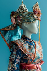 A mannequin displays traditional Asian attire with intricate embroidery and ornate headgear, set against a teal background.