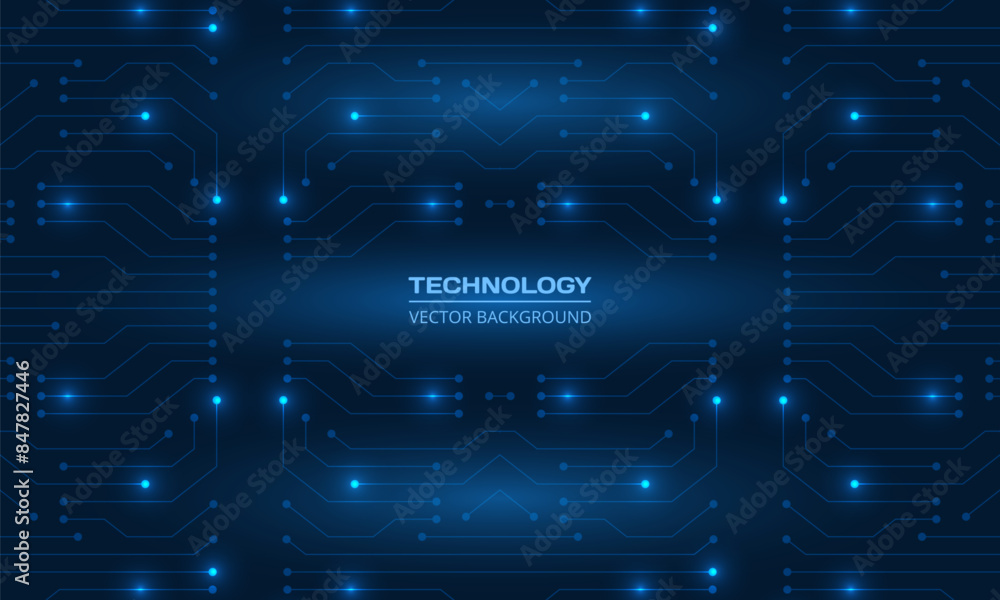 Poster Abstract dark blue technology background with circuit board and text block. Futuristic digital technology vector illustration concept.