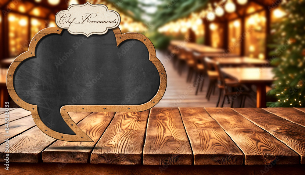 Poster blackboard in the shape of speech bubble and cloud with wooden frame, copy space and label with text