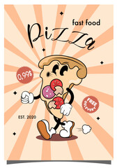 fast food poster in retro style rubber hose. illustration of pizza and food