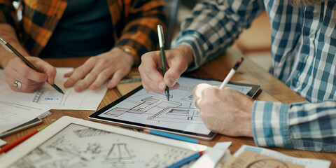 Architects Sketching Designs on Digital Tablet, Creative Team Working on Architectural Plans, architectural plan,technical project drawing