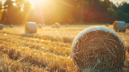 Sun shining over hay bales in a harvested field