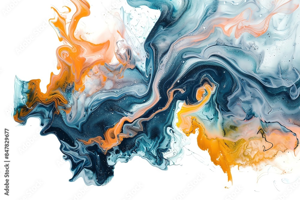 Poster abstract fluid art with vibrant blue and orange swirls creating a dynamic and colorful composition o