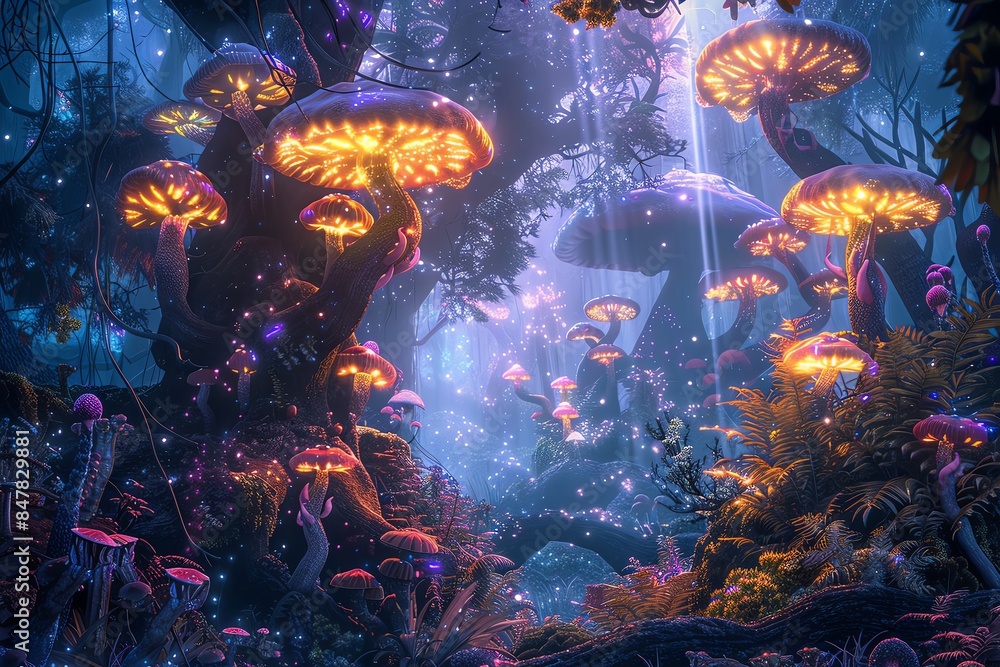 Poster magical forest filled with glowing mushrooms and mystical lighting, creating an enchanting and ether