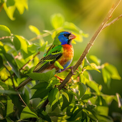 Vividly Colored Bunting Perched Gracefully on a Branch Amid Lush Green Foliage with Sunlight Filtering Through