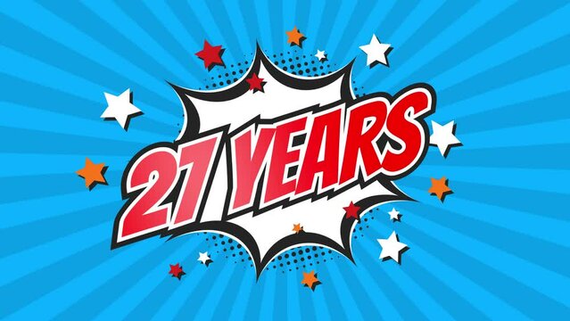 27th twenty-seventh anniversary - 27 twenty-seven years birthday. Animated text on pop colorful background with rotating rays.