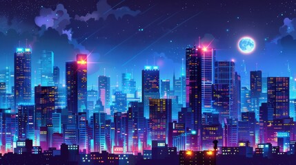 Urban skyline with advanced digital billboards and technology, night city view