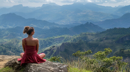Naklejka premium Woman enjoying scenic mountain view on hilltop in Ella, Sri Lanka