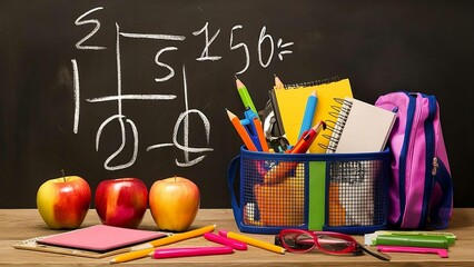 School supplies and backpacks neatly arranged on a table with a chalkboard in the background
