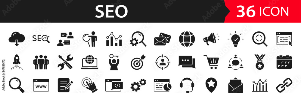 Poster SEO Optimisation set of web icons. Search Engine Optimization. Business, traffic, optimization, target. Search Engine and Marketing icons for web and mobile app. Solid vector icons collection
