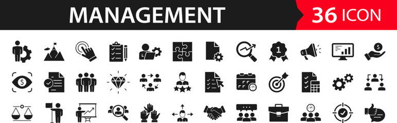 Business Management set of web icons. Management icons for web and mobile app. Media, teamwork, vision, mission, business, planning, strategy, marketing. Solid vector icons collection
