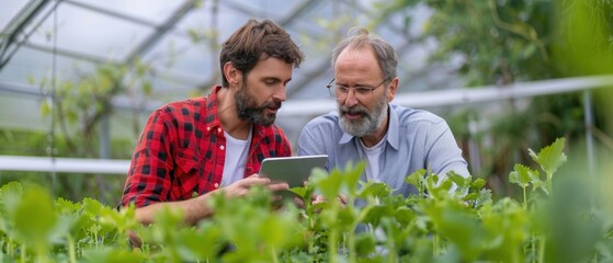 Farmer and agronomist discussing crop growth in a greenhouse, using a tablet