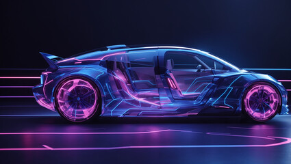 Fototapeta premium A blue and purple futuristic car is shown in a three quarter view. The car is transparent, showing its internal structure.