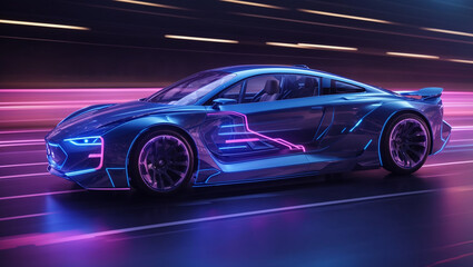 Obraz premium A blue and purple futuristic car is shown in a three quarter view. The car is transparent, showing its internal structure.