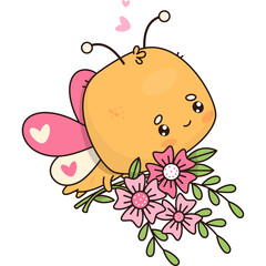 Cute butterfly character with bouquet flowers
