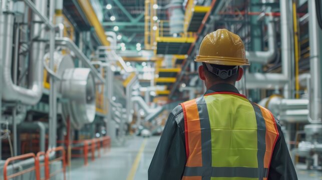 Employee in a hard hat and reflective vest, inspecting a large industrial factory