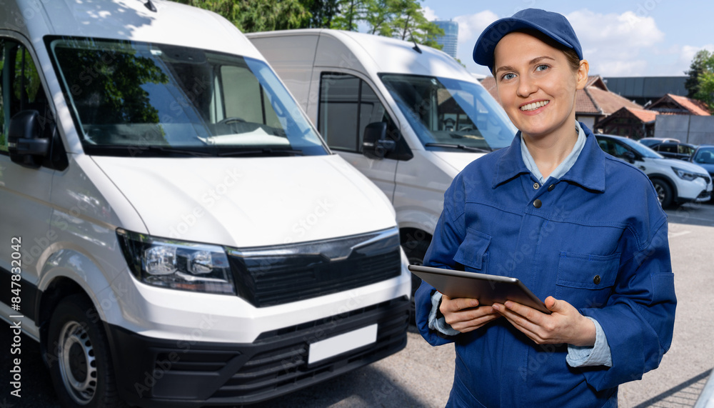 Poster manager with a digital tablet on the background of vans. fleet management.