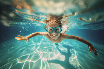 Smiling child swimming underwater in a pool with blue goggles. Joyful moment captured with sunlight reflecting on the water's surface