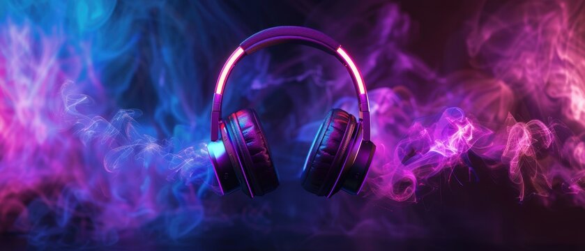 Dynamic 3D image of headphones with neon smoke, vibrant and futuristic design