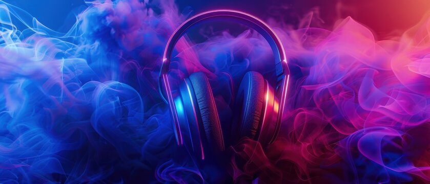 Dynamic 3D image of headphones with neon smoke, vibrant and futuristic design
