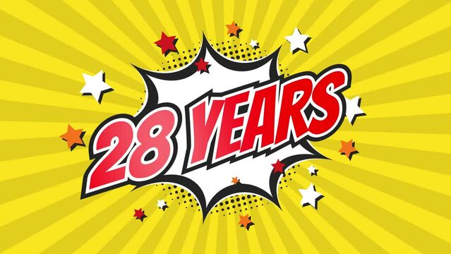 28th twenty-eighth anniversary - 28 twenty-eight years birthday. Animated text on pop colorful background with rotating rays.