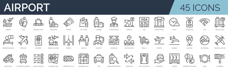 Set of 45 outline icons related to airport. Linear icon collection. Editable stroke. Vector illustration