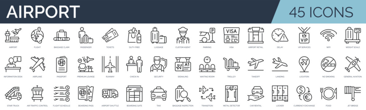 Set of 45 outline icons related to airport. Linear icon collection. Editable stroke. Vector illustration