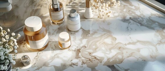 Assorted cosmetic products on a marble counter, luxury skincare collection