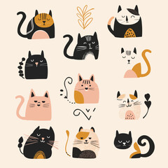 Hand drawn abstract cats, kitten, flat icons set. Color isolated illustrations