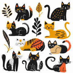 Hand drawn abstract cats, kitten, flat icons set. Color isolated illustrations