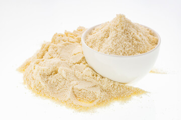 Organic gelatin powder also called hydrolyzed collagen - White powder in the bowl