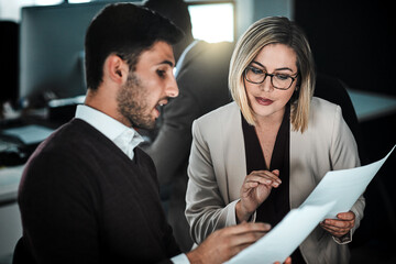 Business people, help or teamwork with documents, planning or brainstorming with advice,...