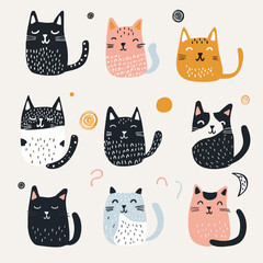 Hand drawn abstract cats, kitten, flat icons set. Color isolated illustrations