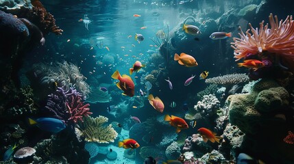 Naklejka premium Vibrant Underwater Coral Reef with Diverse Fish Species in Pristine Waters