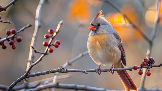 A bird is perched on a branch with berries. A moment of tranquility with a crested bird in an autumn setting