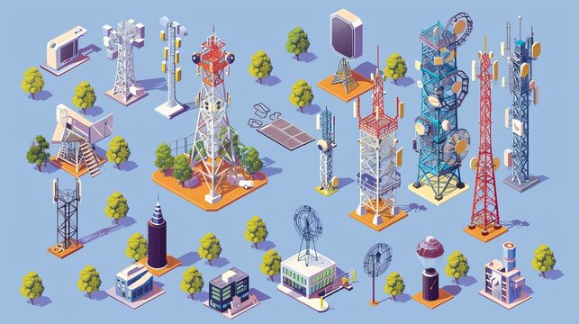 A 3D isometric flat vector set featuring various telecom towers and radio communication structures