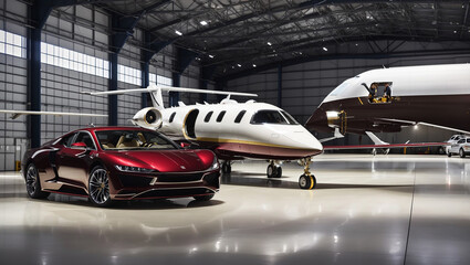 There is a private jet and a luxury car parked in a hangar.

