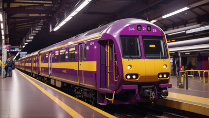 Fototapeta premium A purple and yellow train is sitting in a station.
