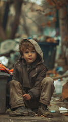 Homeless sad boy sits on the street and asks for help. A poor child with a dirty face and hands needs help. Concept of social problems and refugees from war. Vertical banner