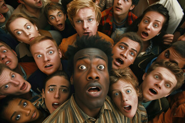 Top view, African American man screaming surrounded by white people. Concept of tolerance, unity, love and anti racism concept.