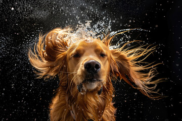 Funny wet dog on a black background after bathing. Drops of water fly in all directions.
