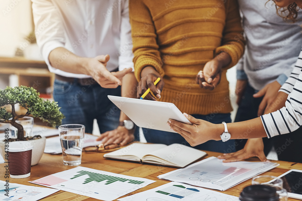 Poster Team, people and tablet with analytics in office as web developer in digital agency, workshop or company. Group, business meeting and collaboration with diversity, growth or career in brand design