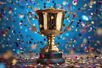 Gleaming gold trophy in the spotlight with a vibrant explosion of confetti, signifying triumph