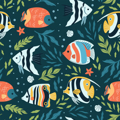 Seamless pattern with tropical fish and algae. Vector graphics
