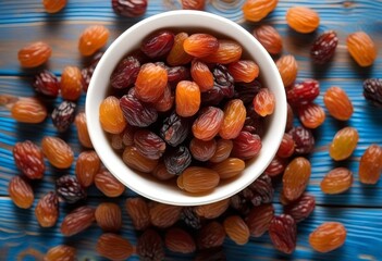 A white bowl filled with raisins on a blue wooden background, viewed from above