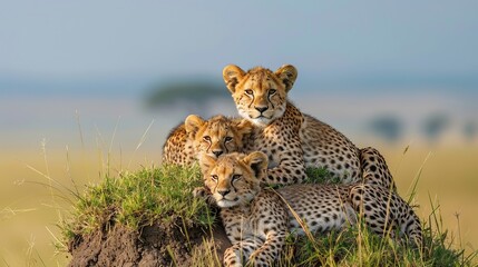 Three baby cheetahs are sitting on a rock in the wild