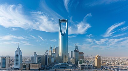 Daytime landscapes of the Kingdom of Saudi Arabia, highlighting the Riyadh Tower (Kingdom Tower) and the Riyadh skyline during the day