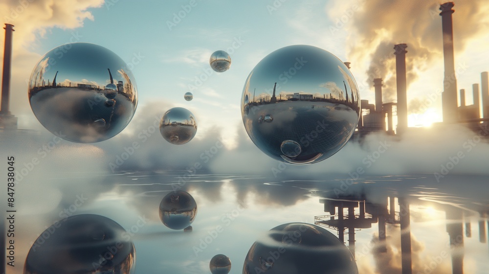 Wall mural 3d metallic spheres floating in a cloud of steam, with reflections of a distant industrial setting. - Wall murals